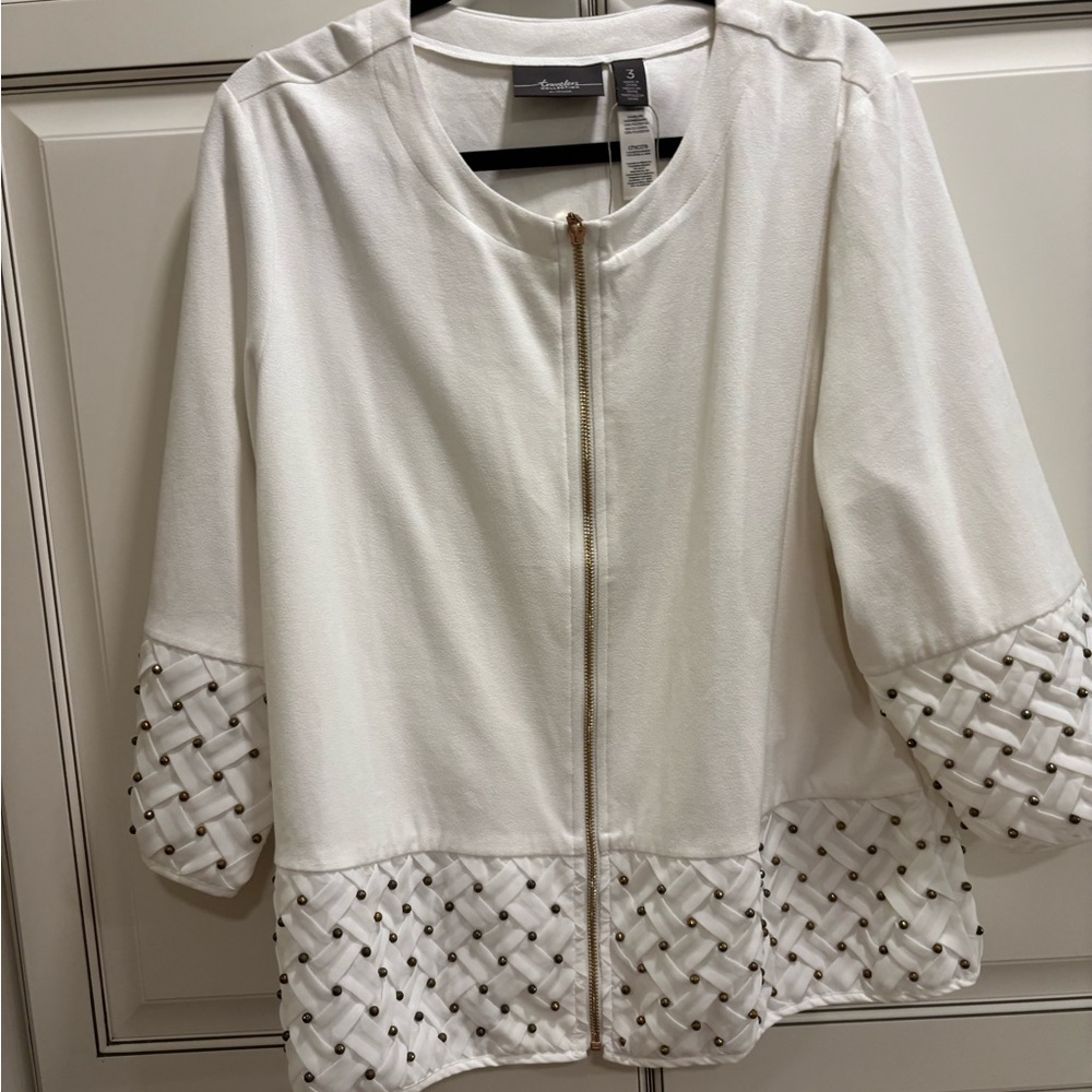 Chico's White Zip-Front Blazer with Studded Lattice Trim